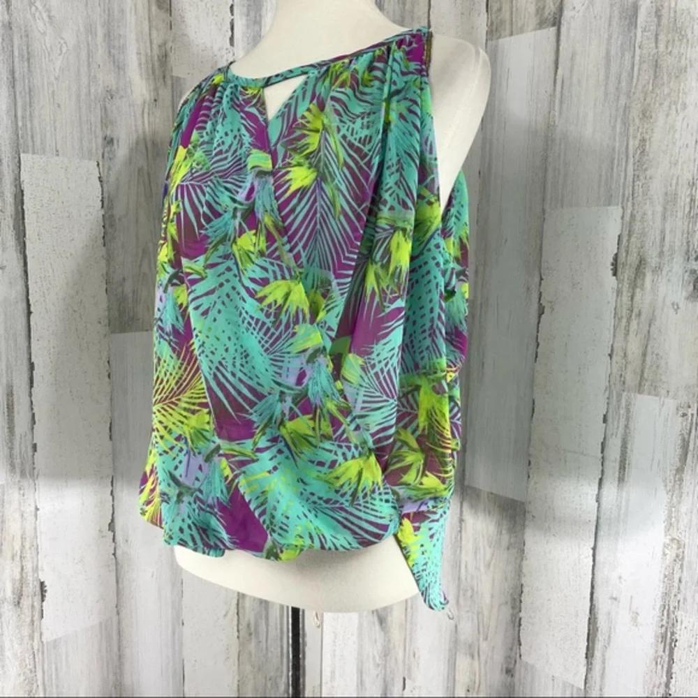 Jennifer‎ Lopez Green Blouse Top Shirt Could Shoulder Tropical Floral Sz S